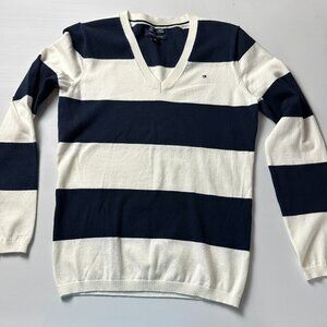 Tommy Hilfiger Navy & White Striped V-Neck Sweater S/P Pima Cotton Nautical Boat